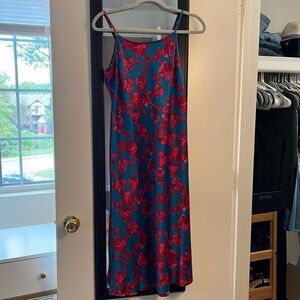 Red and blue flowered dress